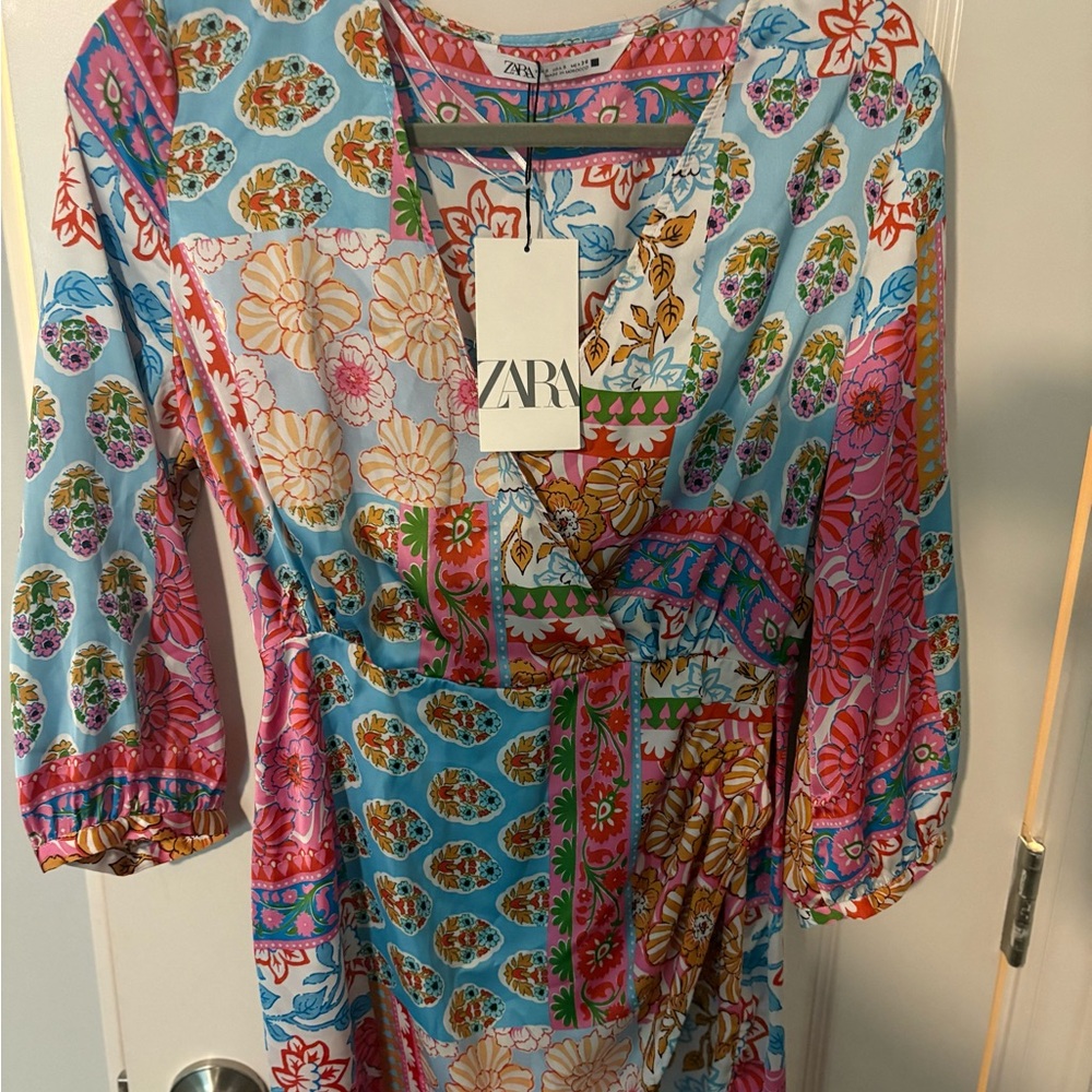 Zara Pink and Orange Wrap Sundress with Bishop Sleeves